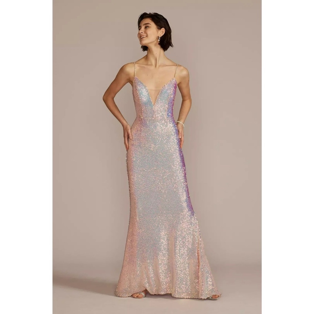 Gorgeous Pink Iridescent Sequin Floor Length Gown - Jules and Cleo